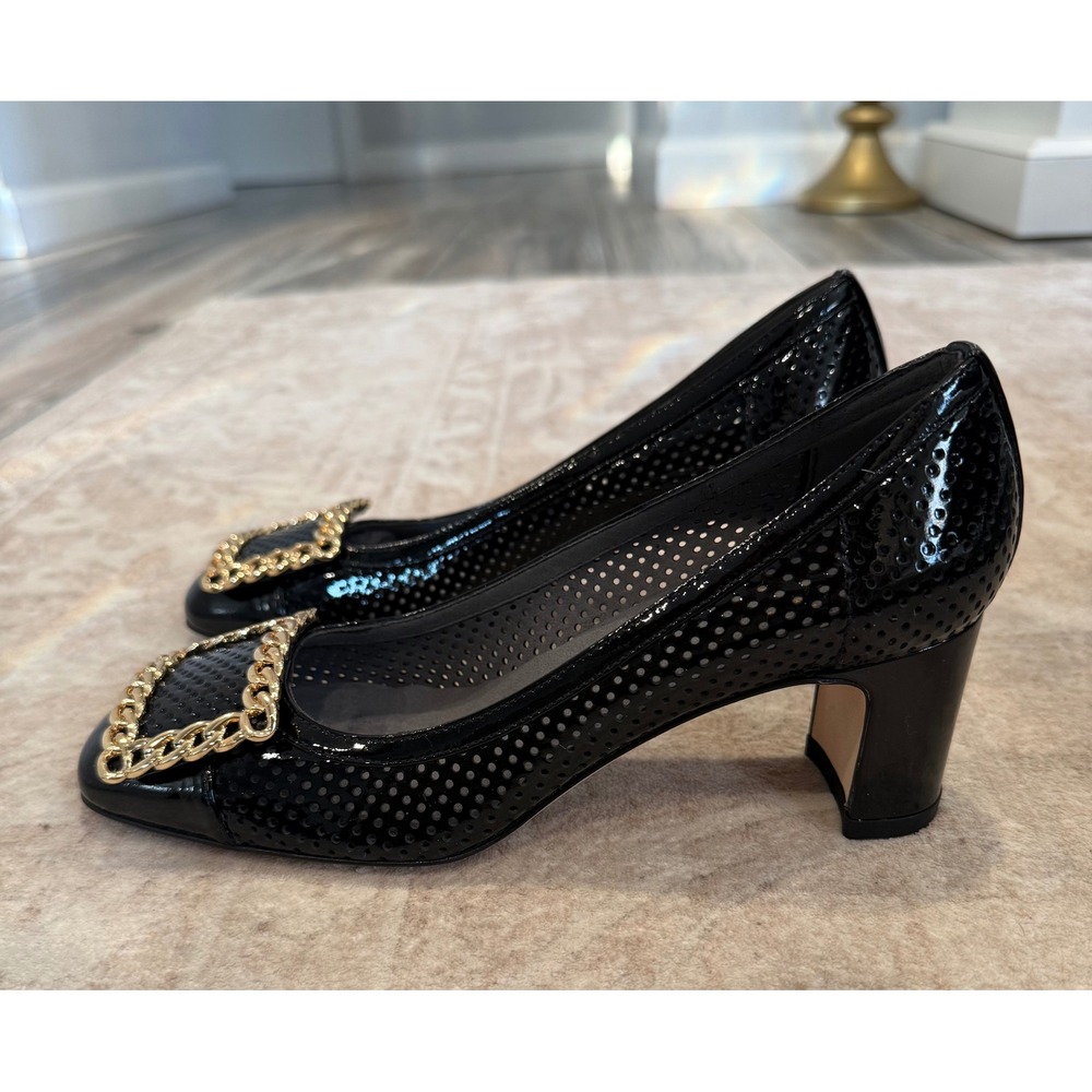 Stuart Weitzman Black Perforated Patent Leather Chain Buckle Block Heel Pump, 5 - Picture 3 of 6